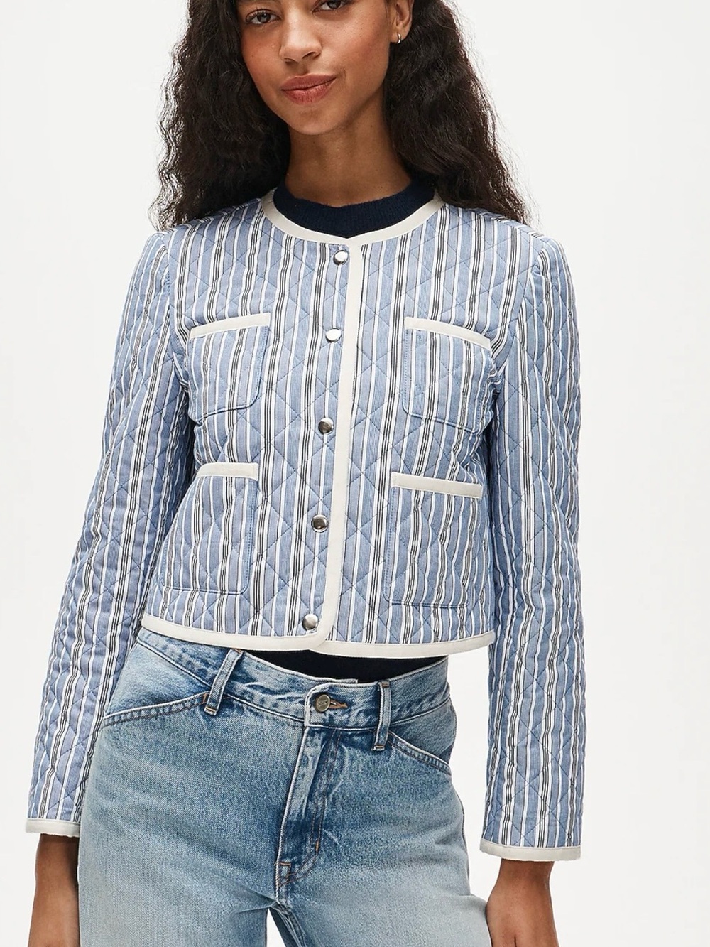 J. Crew Light Blue Striped Quilted Crewneck Jacket